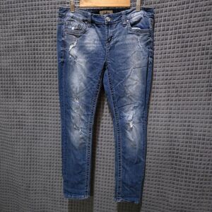 Distressed Low Rise Skinny Jeans 32R 36x30 Y2K Lynx Glam Rock Grunge Punk Baddie